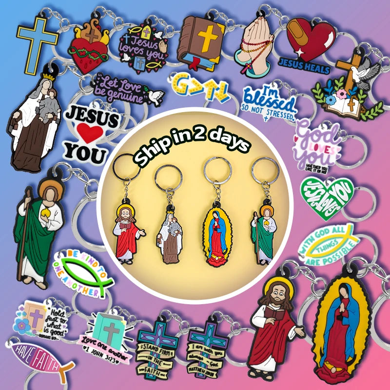 Manufacturer One Piece Wholesale Jesus Christian PVC Keychains Personalized Religious Key Charms Rings Pendant Stainless Steel
