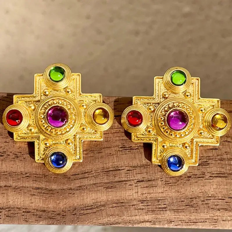 2023 Wholesale Fashion Jewelry Vintage Jewelry Antique Style Vintage Vintage Style Color Diamond Cross Earrings Baroque Earrings