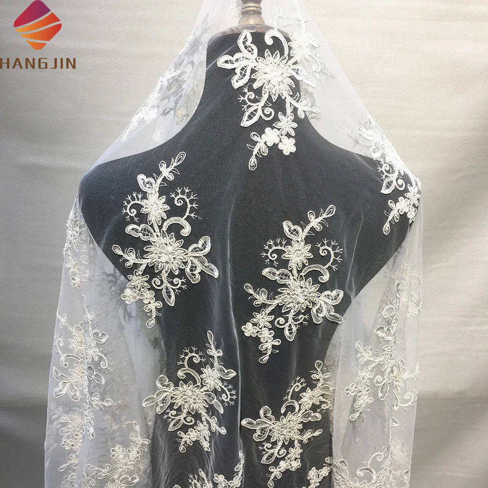 French Tulle Lace Fabric for Wedding Evening Dress 3D Flowers Applique Sequin Embroidery Beaded Lace Fabrics