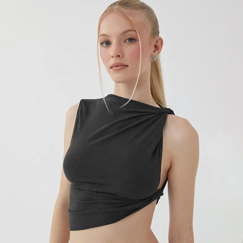 Women's Summer Casual Sleeveless Twisted Asymmetrical Vest T-Shirt Top New Solid Color Short Length