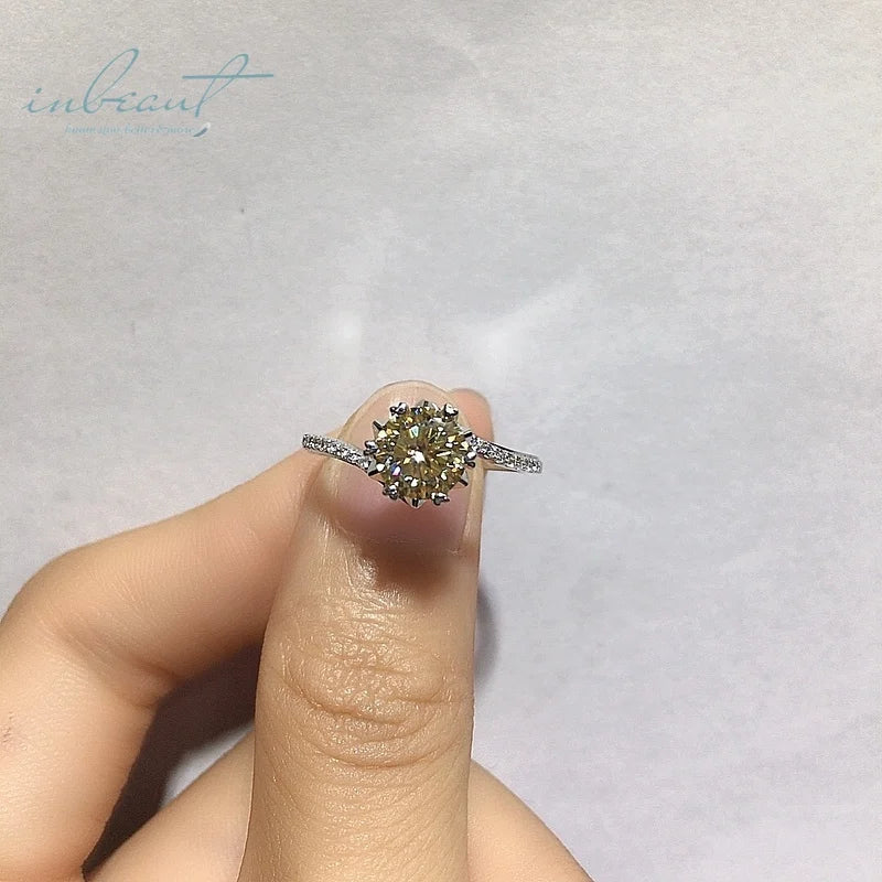 Silver 925 Original 1 Carat Brilliant Cut Diamond Test Past Yellow Moissanite Snowflake Ring for Women Wedding Gemstone Jewelry