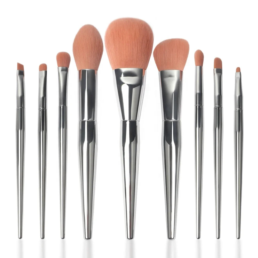 9pcs Bright Silver Plastic Handle Cruelty Free Pink Synthetic Private Label Cosmetic Custom Luxury Vegan Bling Makeup Brush Set