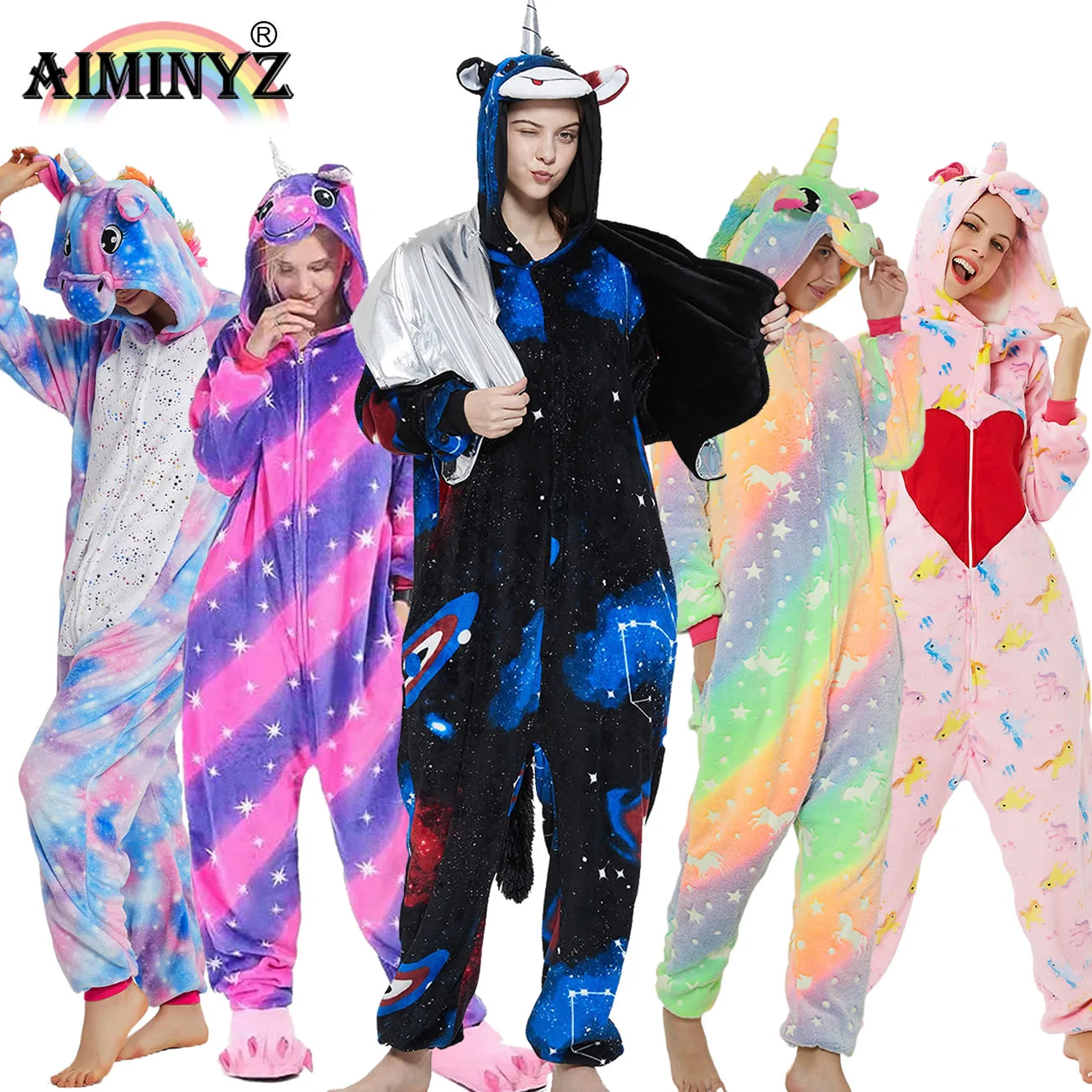 Wholesale Casual Breathable Thermal Unisex Winter/Spring Animal Flannel Hooded Onesie Pajamas Sleepwear Woman Kids Unicorn Quick