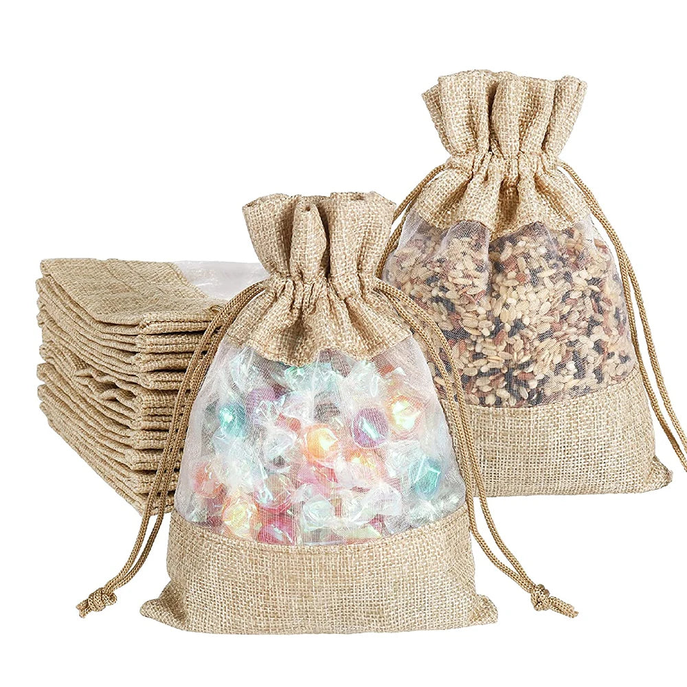 Linen Jewelry Pouches with Drawstring-Customizable Gift Bags for Wedding Birthday Party Jewelry Packaging (Logo Print Available)