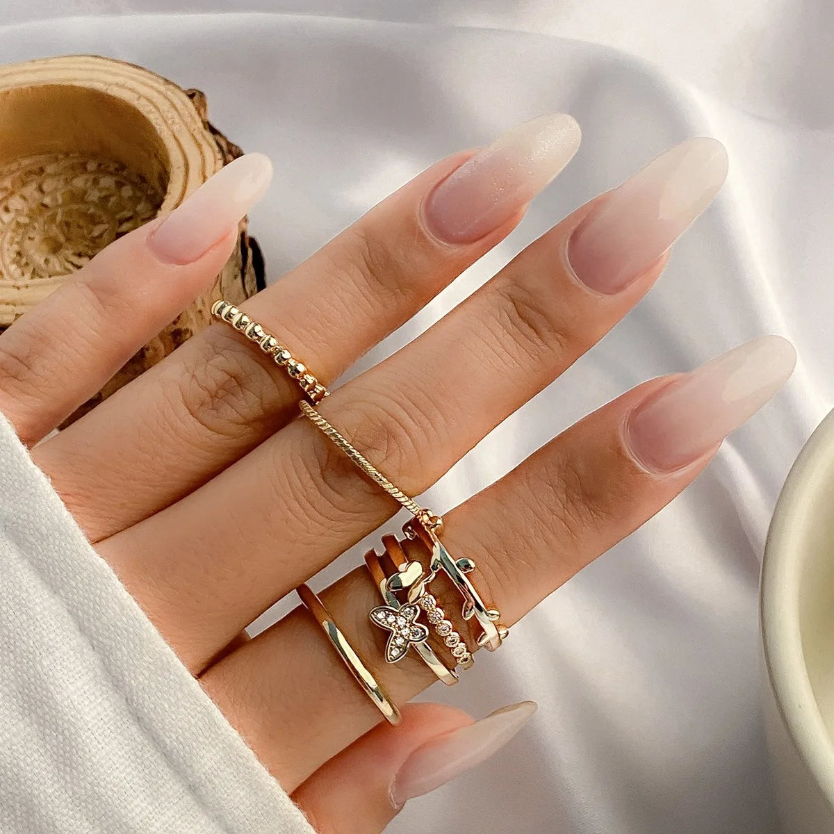 Trendy Star Moon Diamond-encrusted Open Joint Butterfly Rings Set Simple Minimalist Niche Fashion Rings for Women