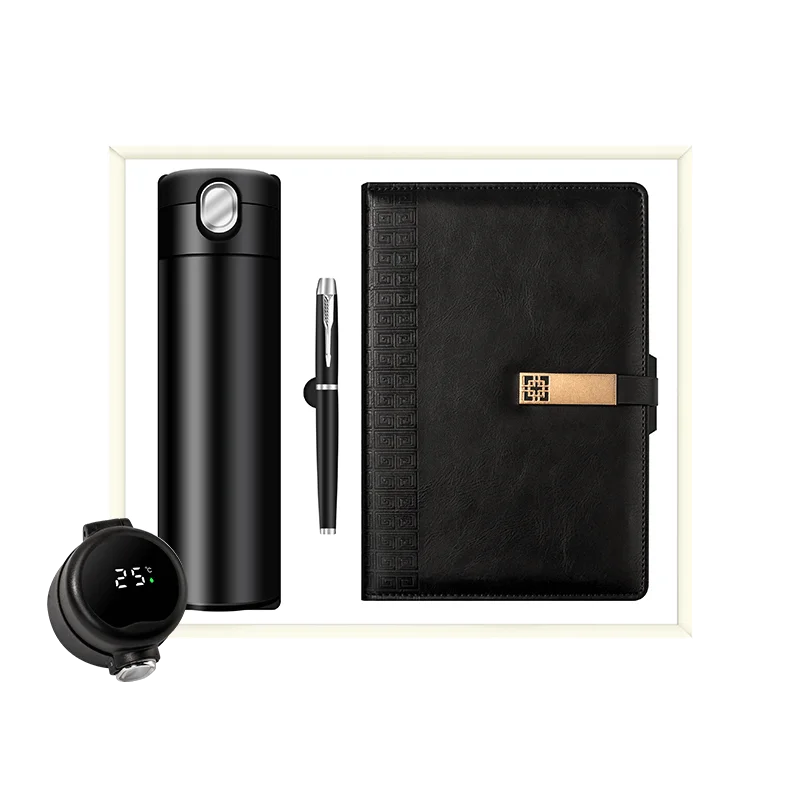 Luxury Business Gift Set A5 Notebook Metal Pen Vacuum Flask with Digital Temperature Display in an Attractive Gift Box