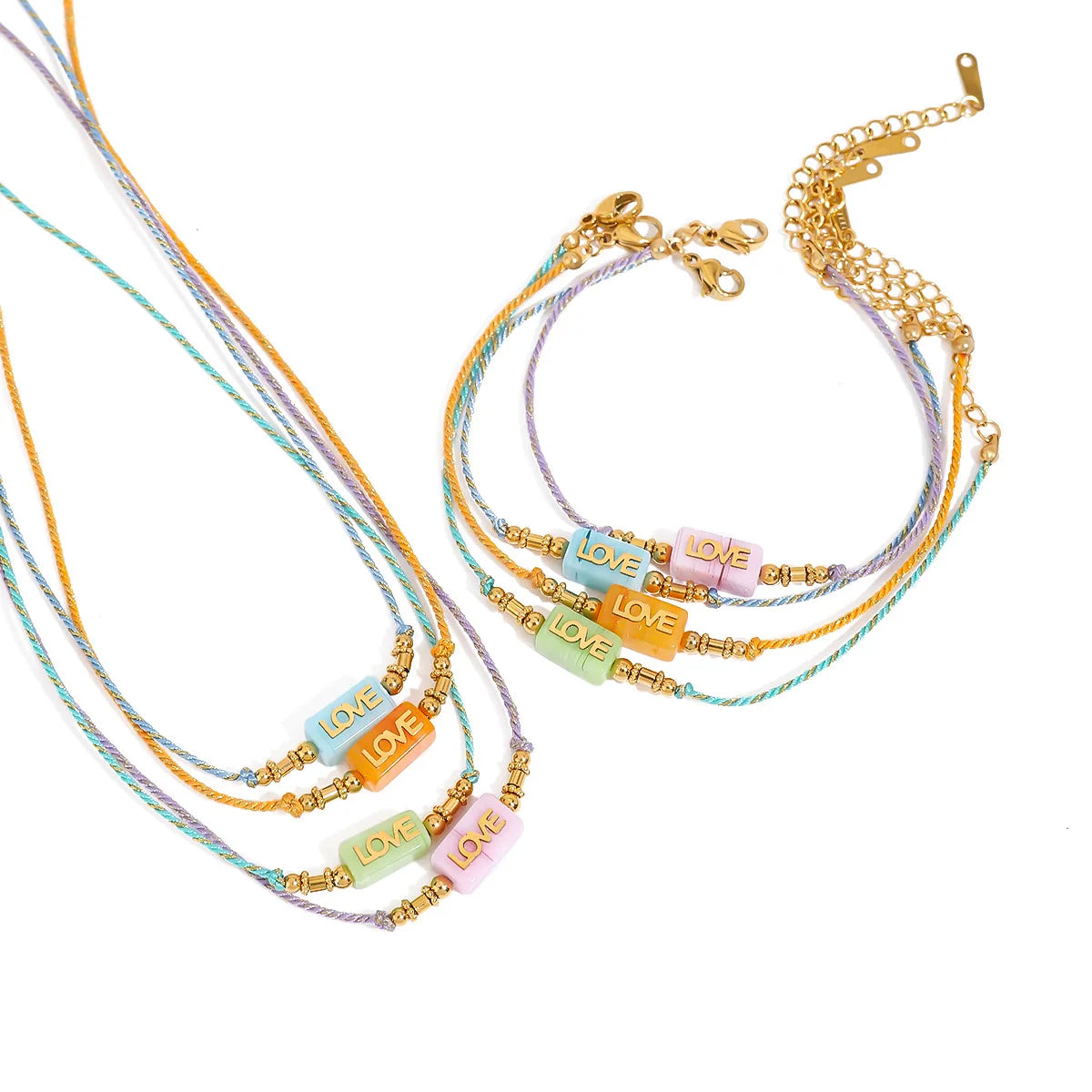 Summer Beach Couple Style 18K Gold Stainless Steel Colors Rope Letter Pendant Necklace Bracelet Set for Gift