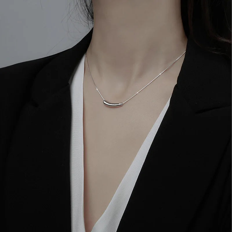 Simple Eggplant Pendant Necklace 925 Sterling Silver Snake Bone Chain Women Jewelry Eggplant Shape Curved Tube Bar Necklace