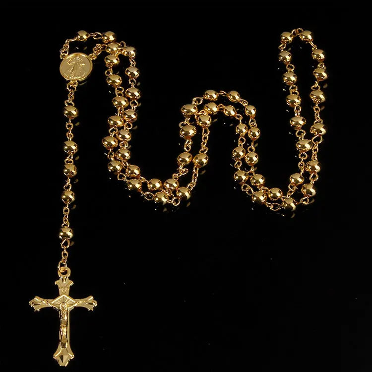 Hot Selling Christian Jewelry Cross Necklaces Fashion Gold Plated 6mm Catholic Religious Rosary Beads Chain Prayer Necklace 2025