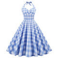 Summer Women Dresses Retro Blue Plaid 50s Halter Party Dress Vestidos