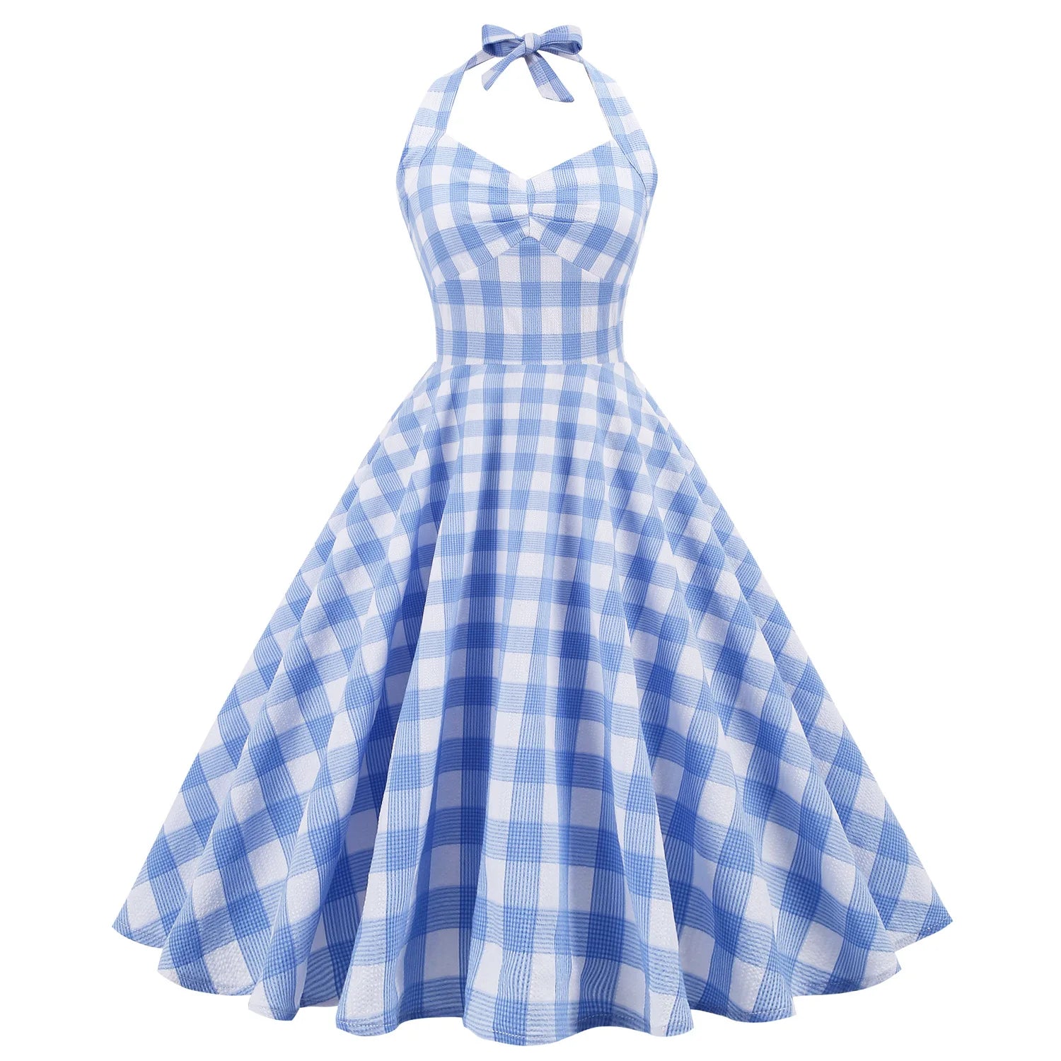 Summer Women Dresses Retro Blue Plaid 50s Halter Party Dress Vestidos