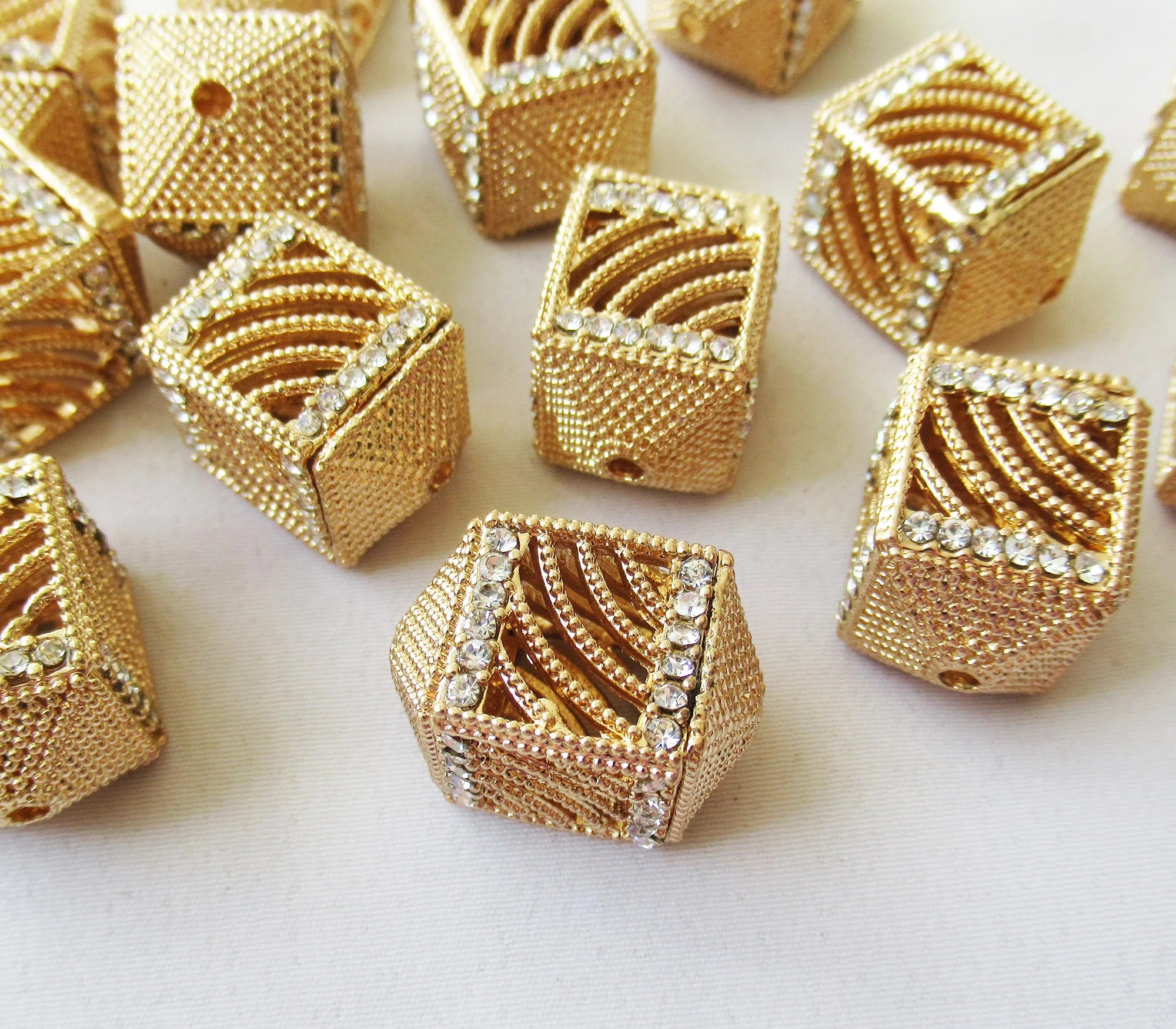 Cube Filigree Beads in KC Gold Color 13.5x20.5mm Enchased Acrylic Rhinestones