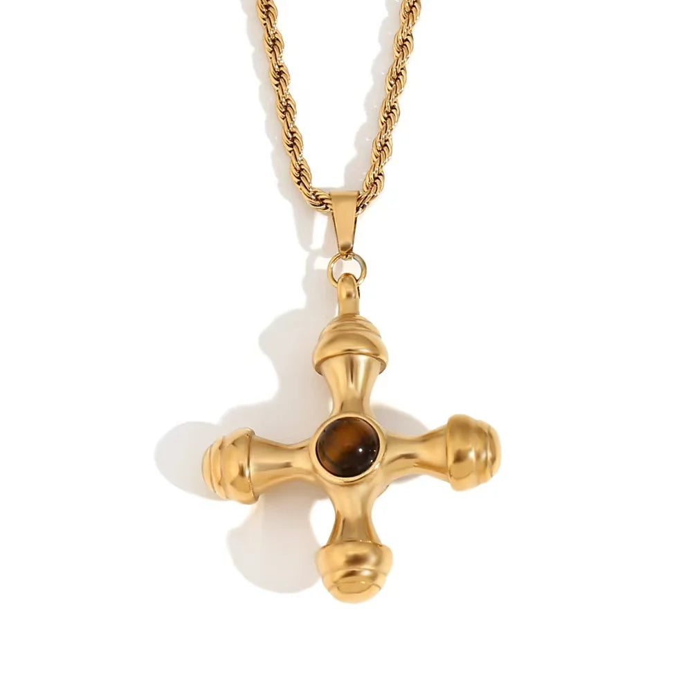Hot Sales Dainty PVD Plated Natural Stone Pendant Necklace Crystal Stainless Steel Cross  Necklace