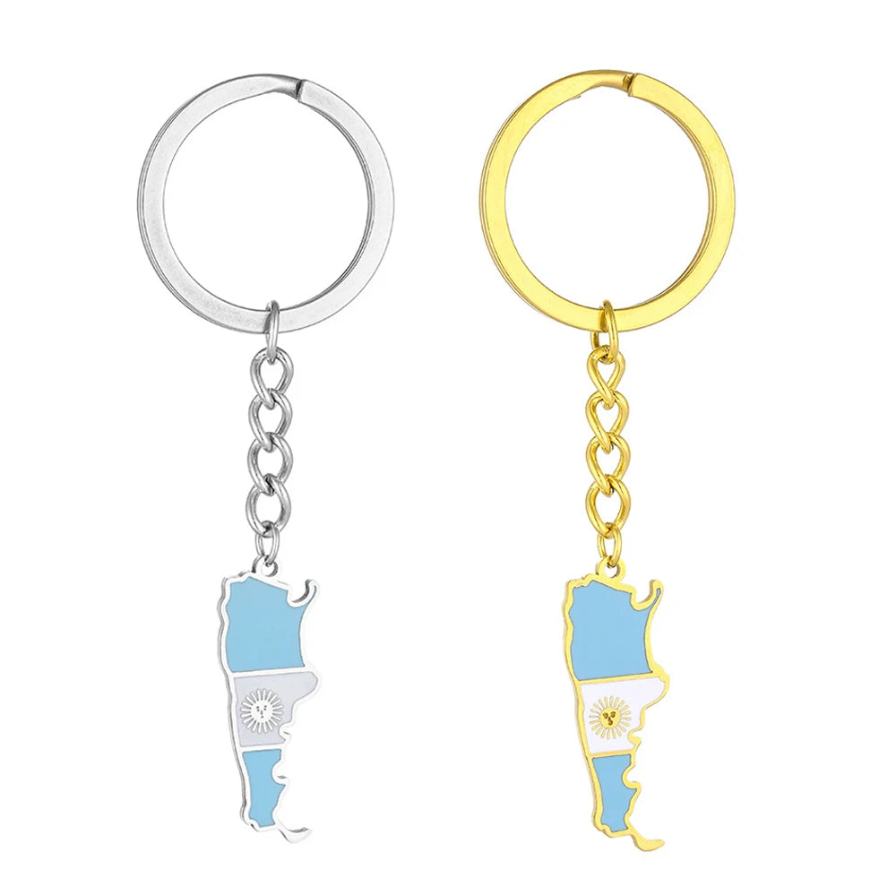 Manufacturer Stainless Steel Argentina Flag Map Keychain 18K Gold Plated Enamel Argentina Flag Argentinian Map Pendant Key Chain