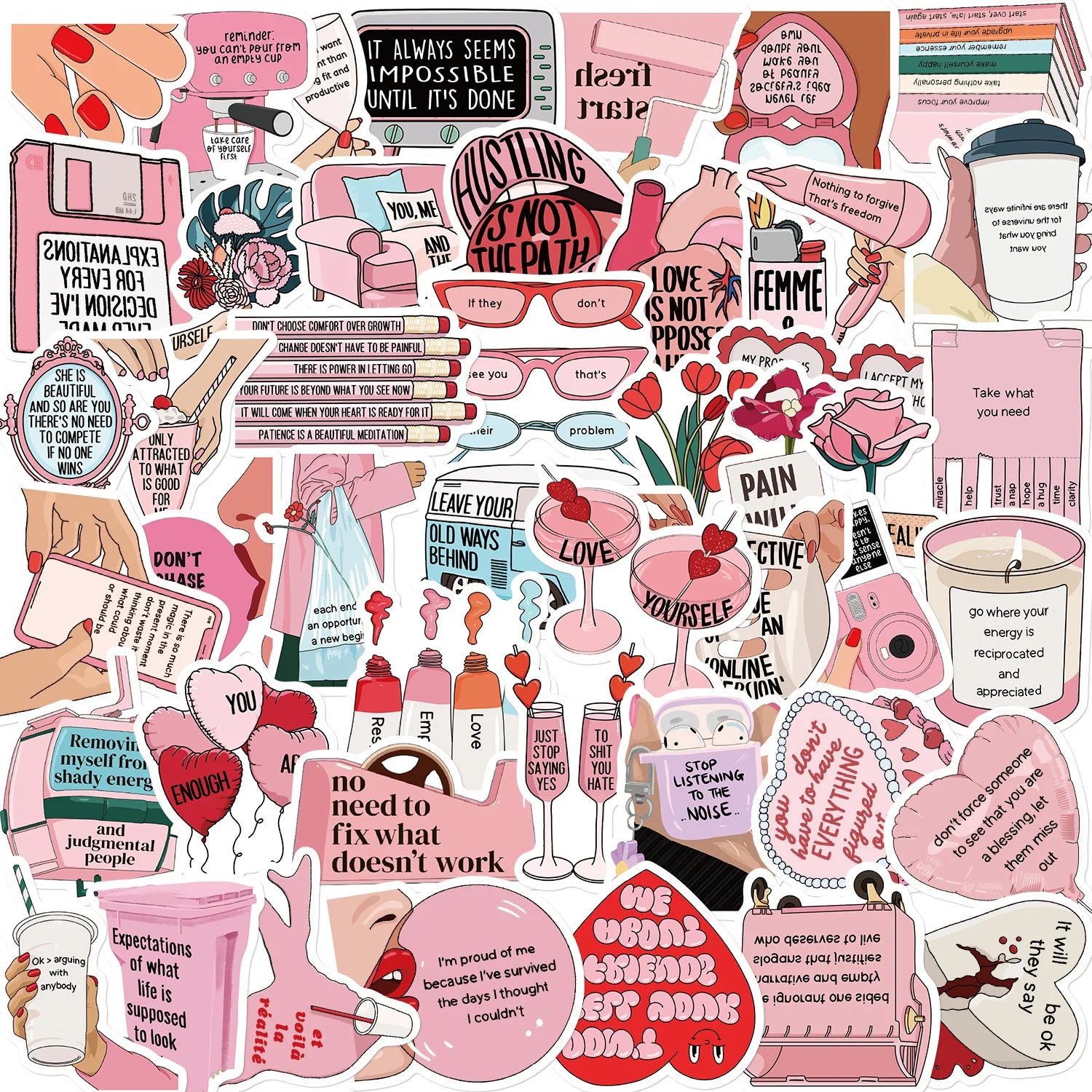 50pcs pink Thing Waterproof PVC Graffiti Decorative Sticker Packs for Cup Bottle Notebook Luggage Laptop Skateboard