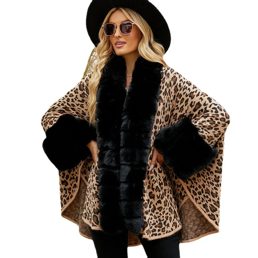 High Quality Wholesale Winter Leopard-Print Faux Fur Shawl Poncho Jacquard Capes and Cardigan Coats for Women