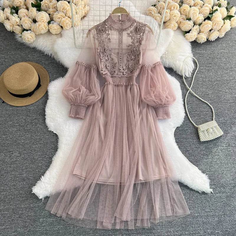 Three-dimensional Flower Gauze Temperament Stand Collar Lantern Sleeve High Waist Thin Suspenders Two Sets fairy Dress