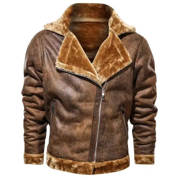 Winter Premium Solid Color Men's Lapel Fur Coat Retro Leather Thick Fleece Jacket With Pockets