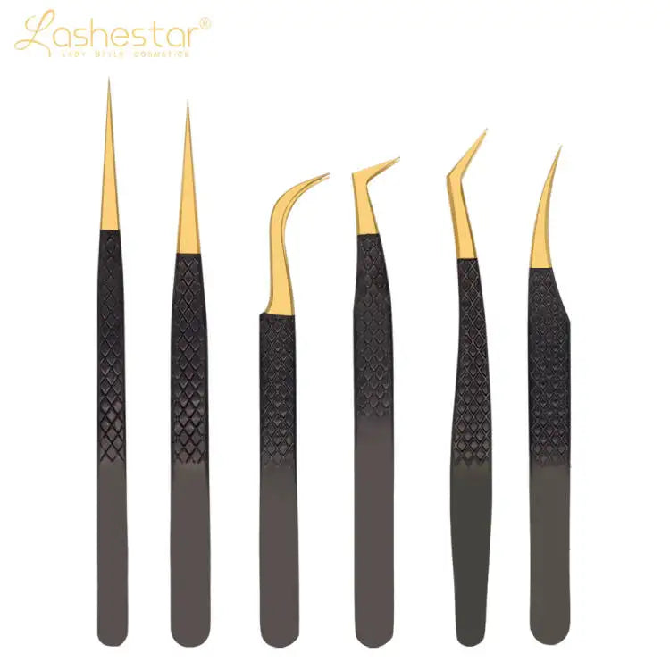 Professional Eyelashes Tools Gold Eyelash Extensions Tweezers Set Sharp Lash Tweezers Straight Lash Tweezers