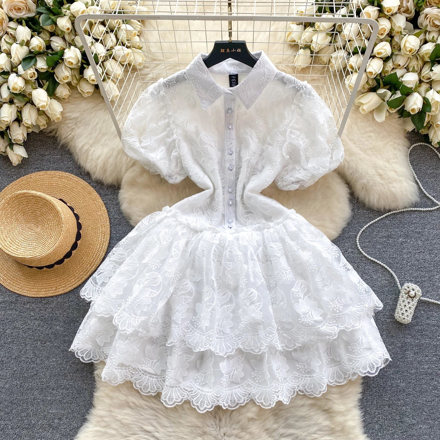 Plus Size High Quality Sweet Midi Dress for Women Empire Embroidery Ruffled Lace Dresses Ladies Elegant Dresses Clothes Women