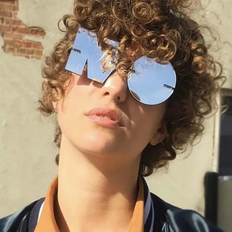 Custom Logo Fashion Unique Men Women Metal Frame Punk Sunglasses Mirror Rimless NO Letter Shaped Sunglasses Men Women