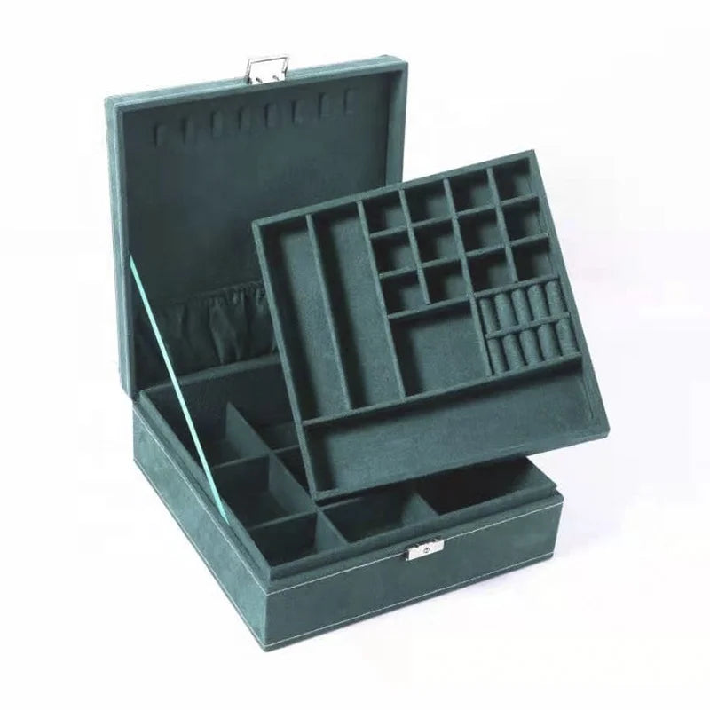 Wholesale Large Green Suede Women's 2-Layer Handmade Jewelry Case Organizer Box Lock Custom Logo Hot Selling Necklace Packaging