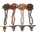 Fashion Unisex Jewelry Brown Red Wood Beads Necklace Rhinestone Resin Skull Bull Head Horn Pendant Wood Necklace