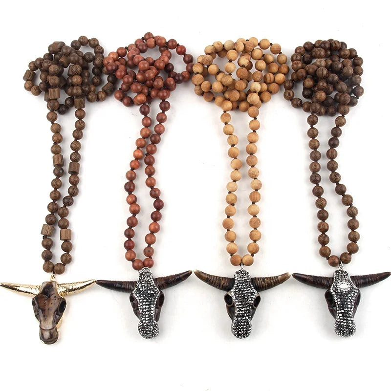 Fashion Unisex Jewelry Brown Red Wood Beads Necklace Rhinestone Resin Skull Bull Head Horn Pendant Wood Necklace