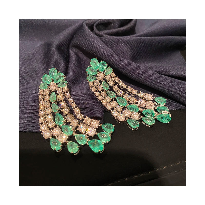 Simple Super fairy Green White Diamond Zircon Tassel Long Earrings Women's Row of Zircon Set High Sense Banquet Eardrop