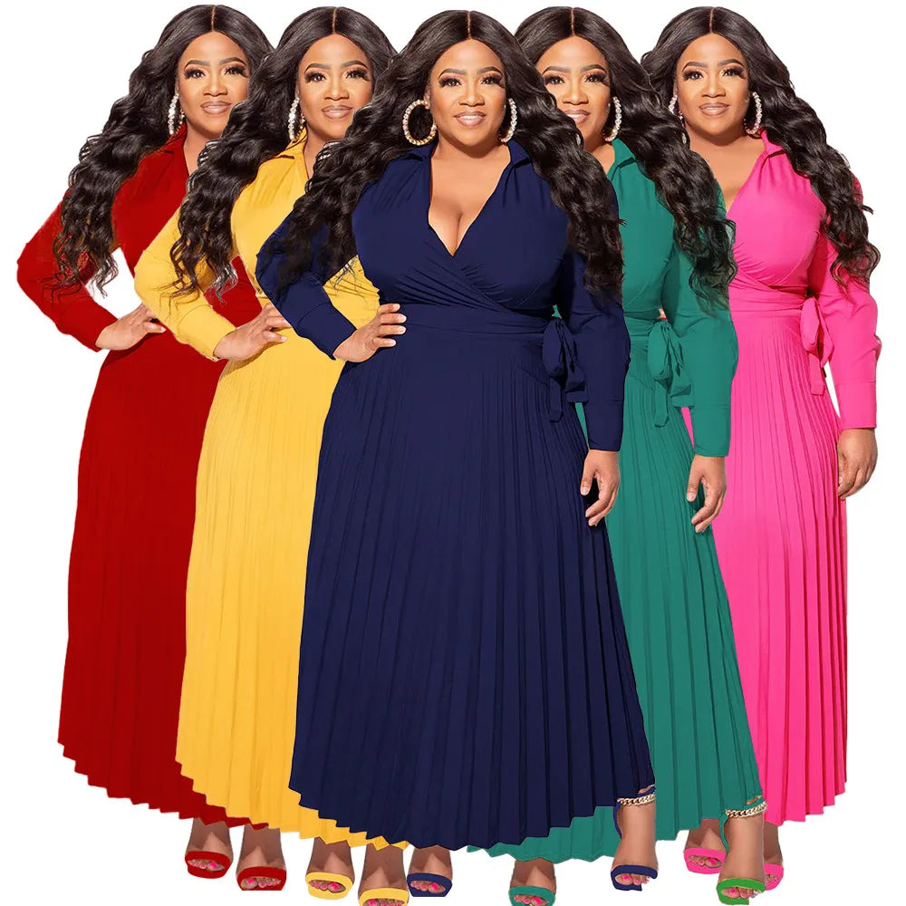 N7908 Trendy Plus Size Women Dresses Women Casual V-neck Long Sleeve A-line Pleated Dress Ladies Office Dress for Women