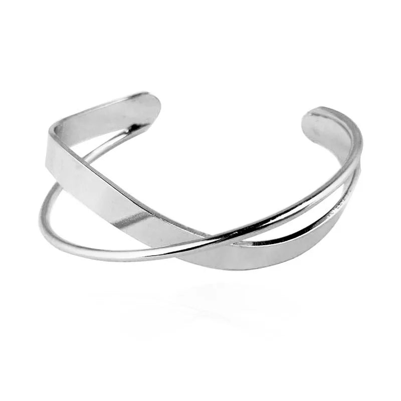 Korean New Glossy Double Layer Geometric Irregular Cross Ripple Opening Wristband Jewelry Bangle for Women Girls Party