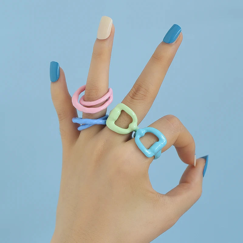 American European Trendy Y2K Glazed Colorful Rings Sky Blue Baby Pink Handmade Oil Drop Enamel Ring for Women