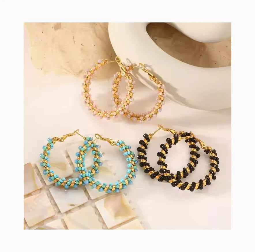 INS Trendy Bohemian Handmade Seed Bead Earrings Exaggerated Oversize Titanium Steel Gold Hoop Earrings for Women