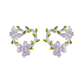 925 Sterling Silver Wisteria Flower & Butterfly Stud Earrings Heart Vine Earrings for Women Girls Romantic Fine Jewelry SCE1687