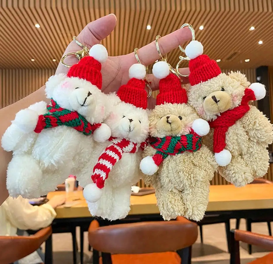 Lucky Brown Bear Key Chain Happy New Year Christmas Plush Stuffed Animal Key Ring Men Women Valentine Birthday Gift Bag Pendants