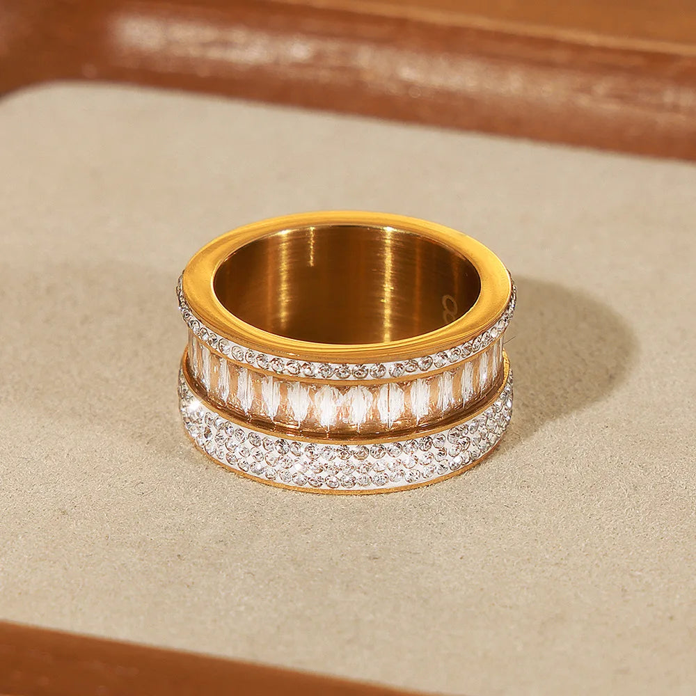 Chic Fashion Light Luxury Style Jewelry 18k Gold Plated Ring Multilayer Diamond Cubic Zirconia Stainless Steel Finger Ring