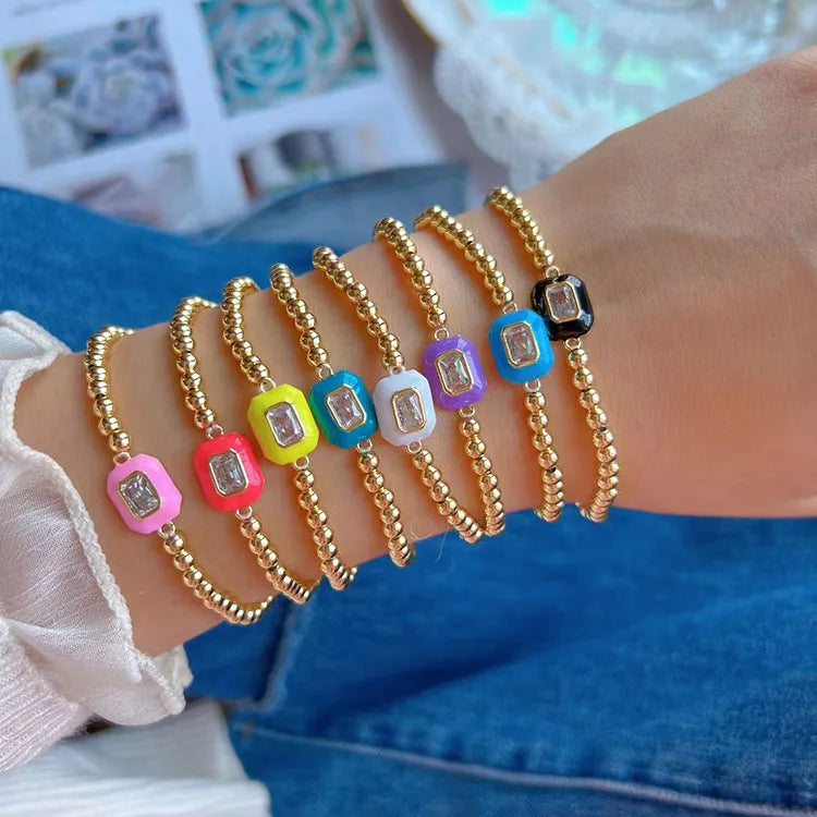 BC1423  Delicate Small 18K Gold Plated Beads with Enamel Multi Colored CZ Rectangle Bead Elastic Bracelets for Women 2021