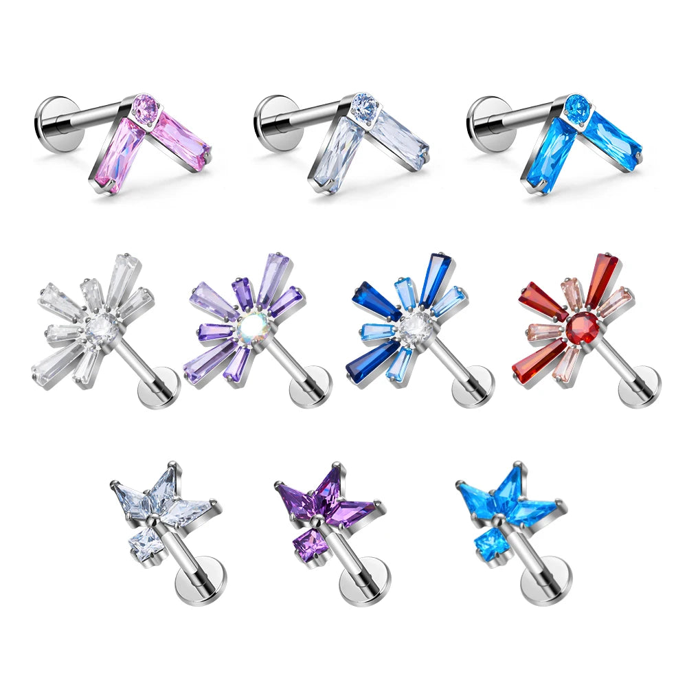 ASTM F136 Titanium 16G Ear Studs With Zircon Labret Crystal Multi Color Earrings Cartilage Daith Tragus Helix Piercing Jewelry