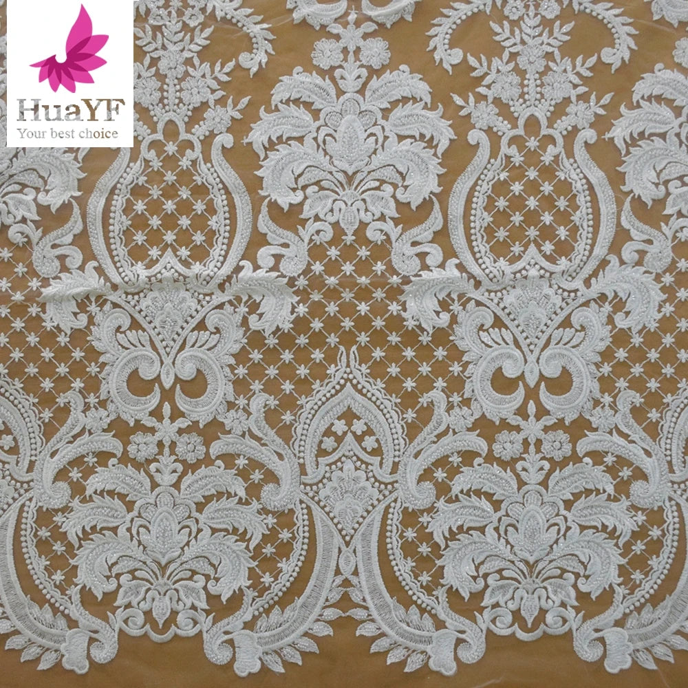 2022 White Mesh Embroidery Fabrics Sequence Fabric Beaded Net Design HY1833-4
