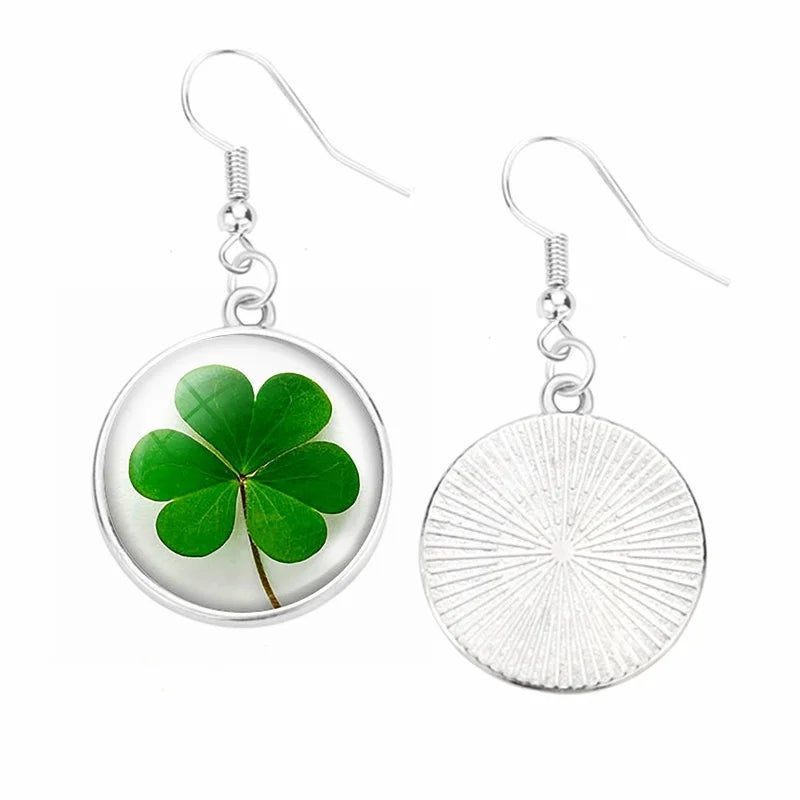 Saint Patrick's Day Women's Fashion Drop Earrings Green Cabochon Settings Clover Hook Pendant Jewelry