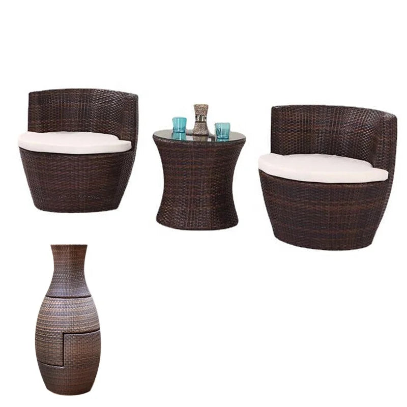 Durable 3-Piece Small Rattan Table Chair Set for Outdoor Dining Courtyard or Sun Room Terrace Aluminum Frame Vase Design