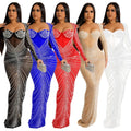 C6023 Luxury Gilding Mesh Perspective Gowns for Women Evening Dresses Long Sleeve Backless Rhinestone Dress Gown for Party