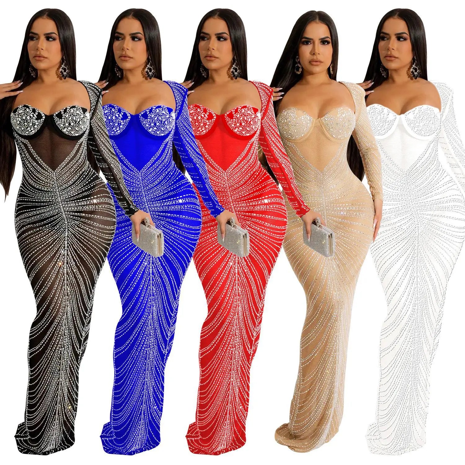 C6023 Luxury Gilding Mesh Perspective Gowns for Women Evening Dresses Long Sleeve Backless Rhinestone Dress Gown for Party