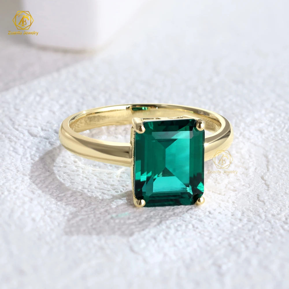 Hot Sale 14K Soild Gold Rings Jewelry 3 Carat Zambia Emerald Stone Emerald Cut Wedding Ring for Men Women