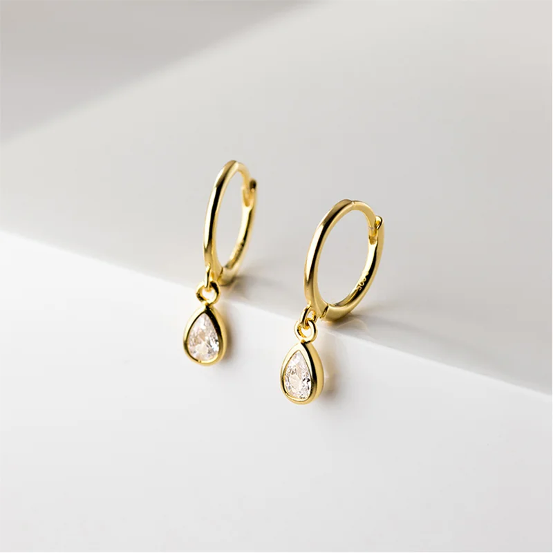 925 Sterling Silver Huggies Pendant Earrings with Sweet Water Drop Zircon Gold Plated Wedding Party Hoop Charm Jewelry for Women