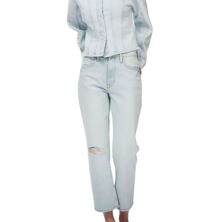 Fashion High Waist With Zip Fly With Button Jeans Cropped Legs for Women
