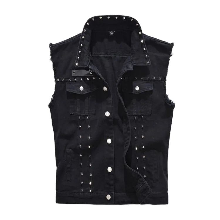 New Denim Vest for Men Punk Rock Rivet Cowboy Black Jeans Waistcoat Fashion Men Motorcycle Style Sleeveless Vest