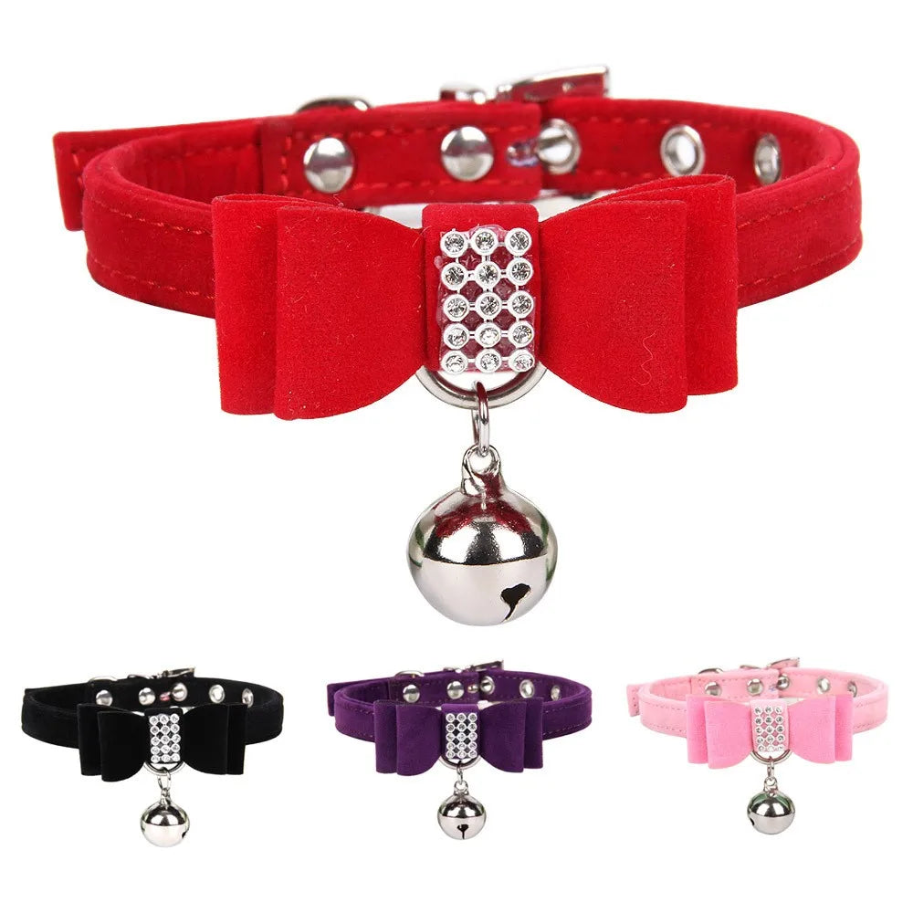 Adjustable Luxury Velvet Modern Bow Pet Collar Rhinestones Solid Pattern Safe Breakaway Buckle Personalized Cat Dog Durable All