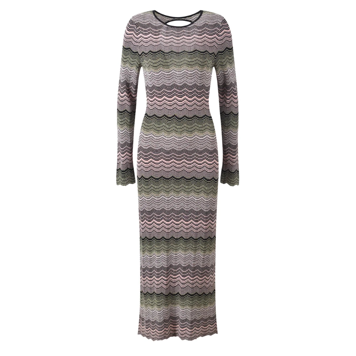 Elegant Slim Fitted Long Dress for Women O-Neckline Striped Knitted Short Sleeve Simple Fashion Bodycon Summer Maxi