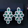 Fashion Luxury Green Cubic Zirconia Stone Flower Large Long Stud Earrings for Women Wedding Party Jewelry Accessories